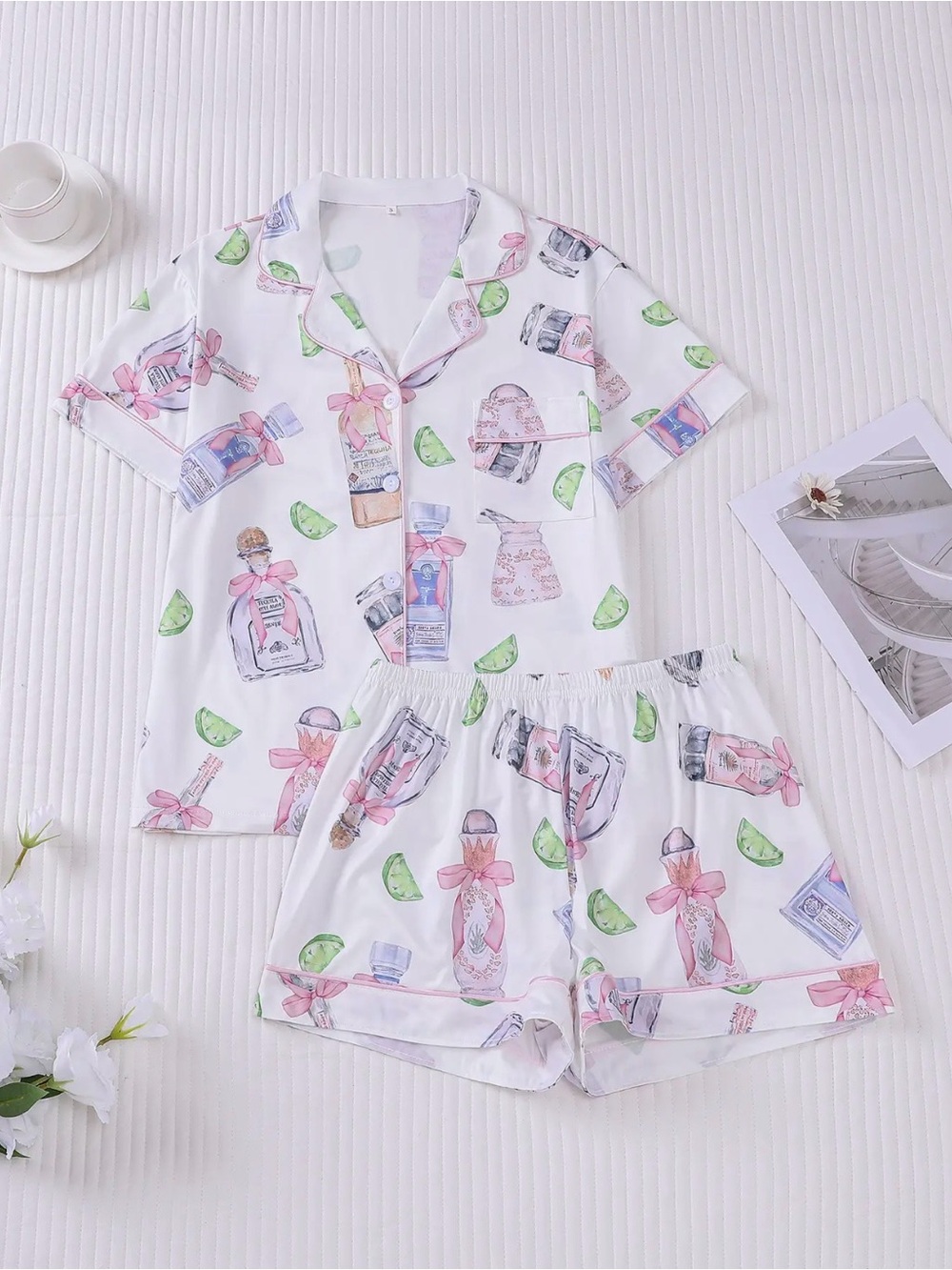 Women’s White Printed Short Pajama Set - Floral Bottle Pattern